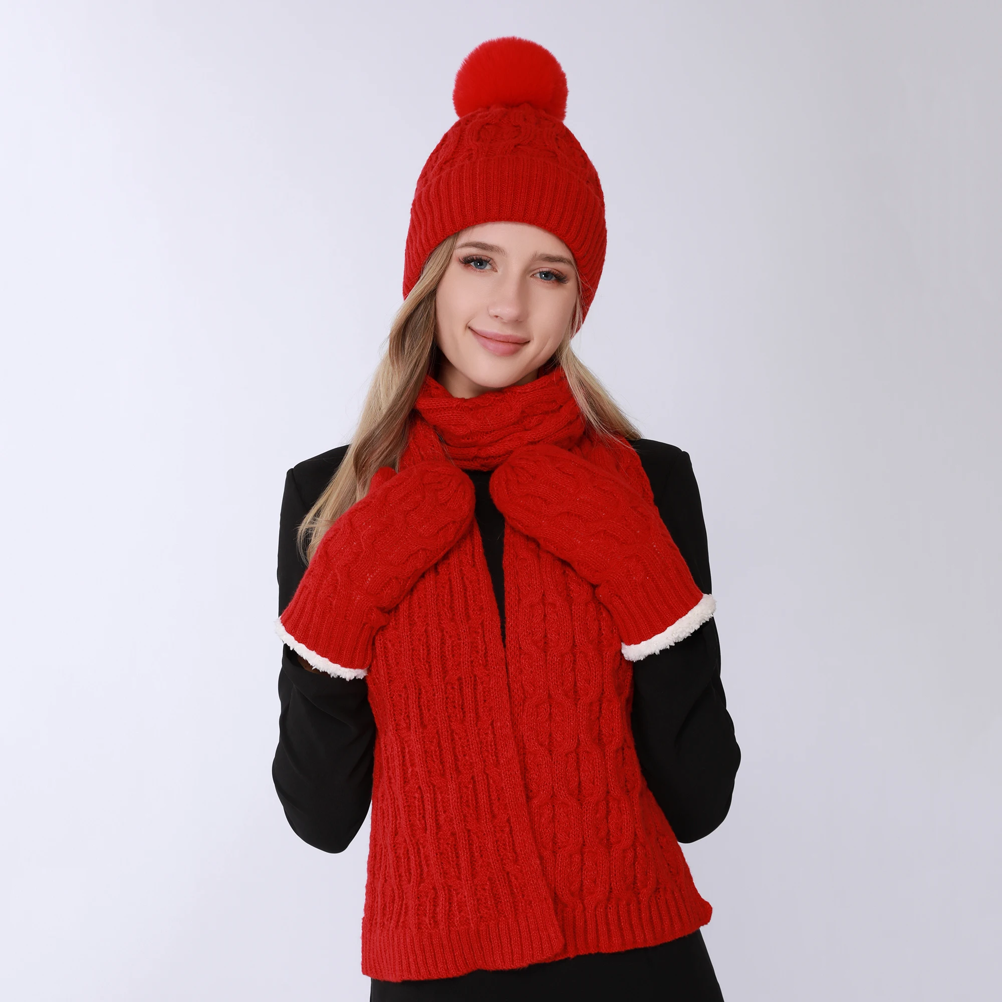 Women Solid Wool Fabric 3pc Gloves Scarf Hat Knitted Suit Striped Geometric Pattern Soft Coldproof Warm Thick Autumn Winter Gift