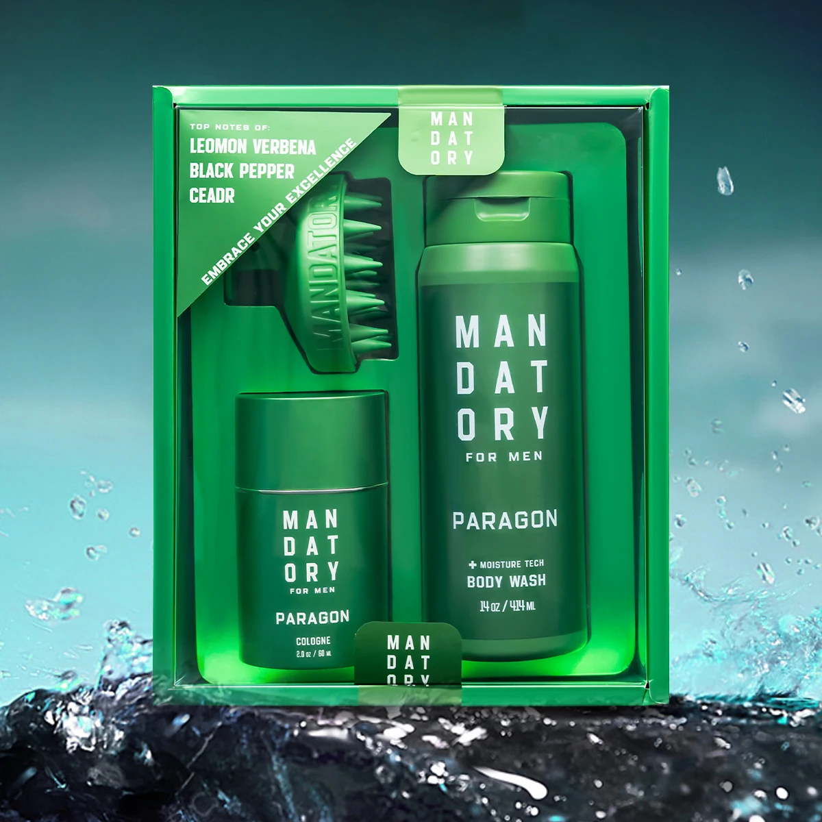 MANDATORY Men's Fragrance Set Gift Eau de Toillete Cologne Spray 2.0 Oz Body Wash 14 Oz Shower Gel 1 Pc Hair Scalp Massager