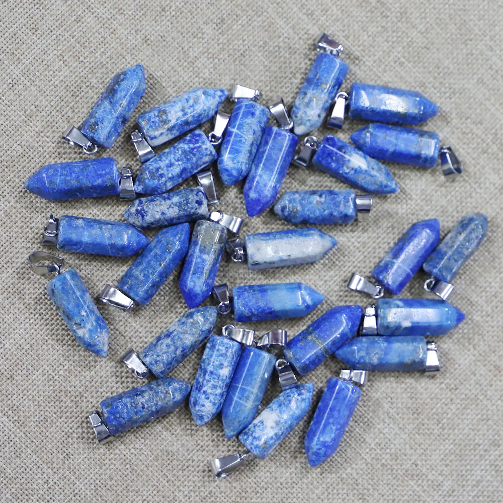 Fashion Natural Stone Necklace Hexagonal Pillar Pendant Lapis Opal Crystal Quartz Pendulum Reiki Charms DIY Jewelry Making 30Pcs