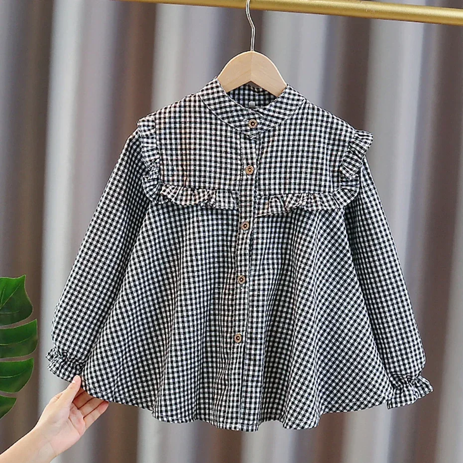Girl's shirt Spring and Autumn children's long sleeved plaid shirt Youth casual bottom 3-12 years old blouse
