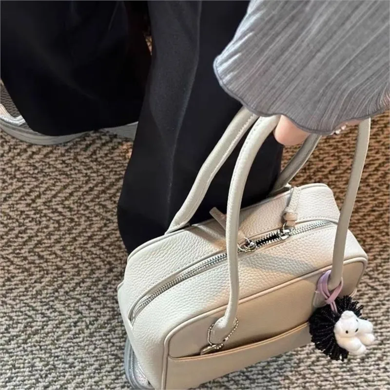 JIAERDI Light Gray Minimalist Handbag Women Pebbled Texture Leather Square Shoulder Bags Ladies Casual Niche Premium Boston Bag