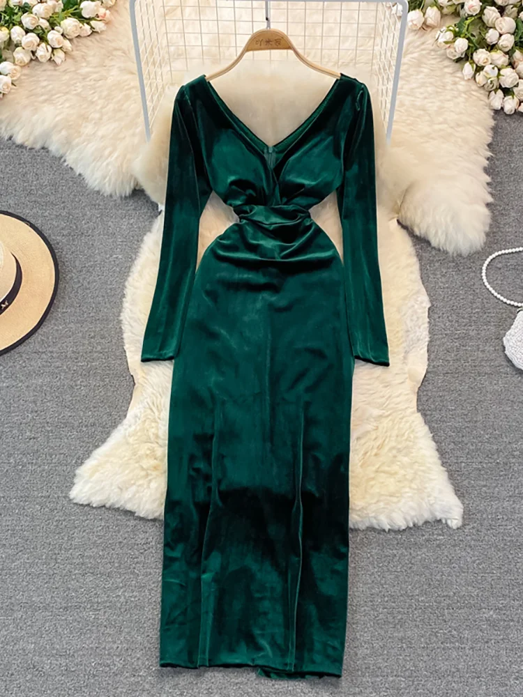 

Осенне-зимнее зеленое/черное бархатное длинное платье, женское сексуальное облегающее Платье макси с V-образным вырезом и высокой талией, женское облегающее платье, новая мода