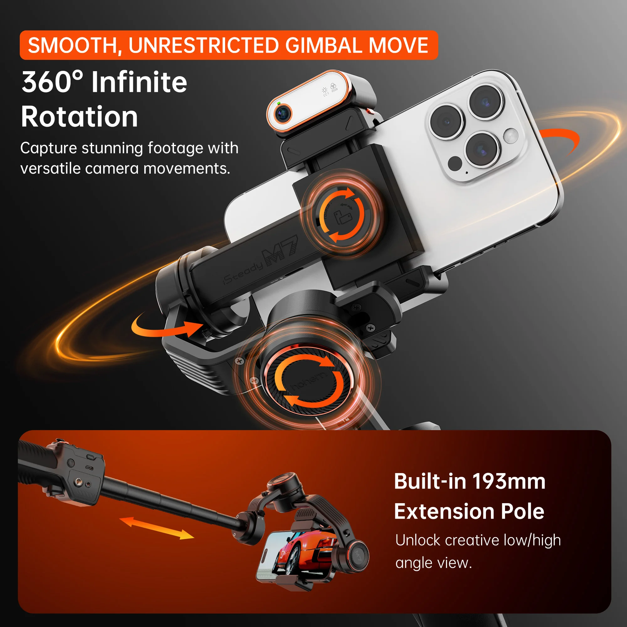 Hohem Gimbal iSteady M7 3-Axis Cell phone stabilizer with AI Magnetic Fill Light 、Telescopic Selfie stick Video Record