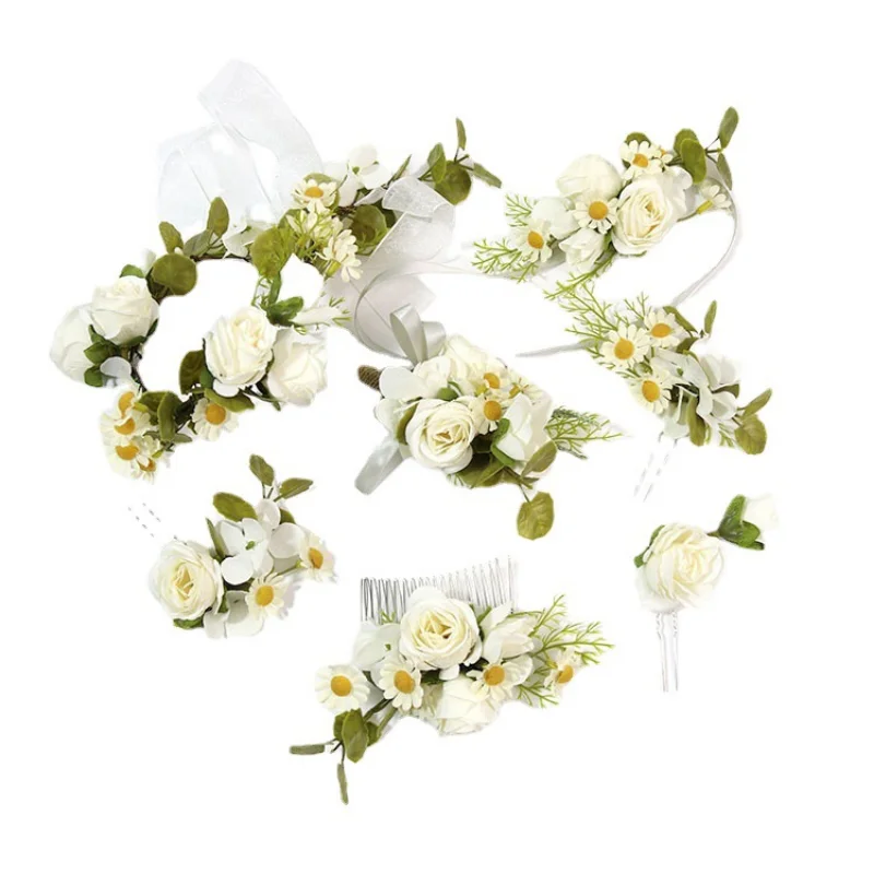 White Artifical Flowers Headdress Bride Wedding Accessories Boutonniere Wrist Corsage Garlend Hair Accessories