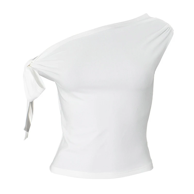 2025 المرأة الصيف Ins نمط جديد يتقلص مطوي واحد الكتف المحاصيل الأعلى عارية الذراعين تويست التعادل غير المتماثلة تي شيرت رداء علوي غير رسمي