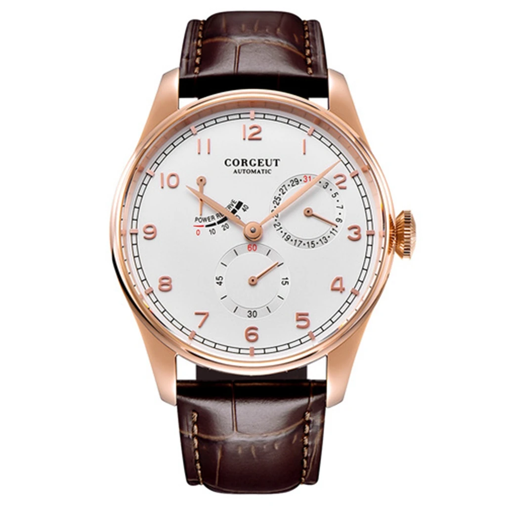 

Corgeut new 42mm rose gold case sapphire glass white dial date waterproof seagull movement mens top leisure watch