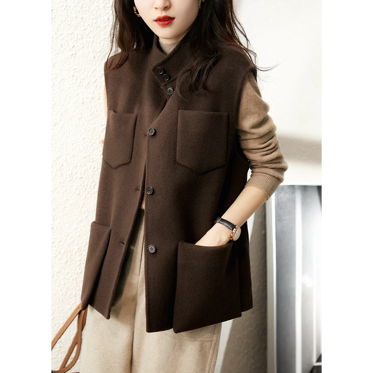 Sleeveless Jacket Women Fashion Pockets Vest Wool Coat outwear New Arrival ladies parka coats