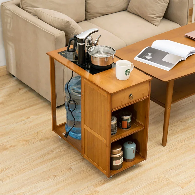 Modern Small Tea Table Mobile Side Solid Wood Family Living Room Kettle Integrated Home Furniture