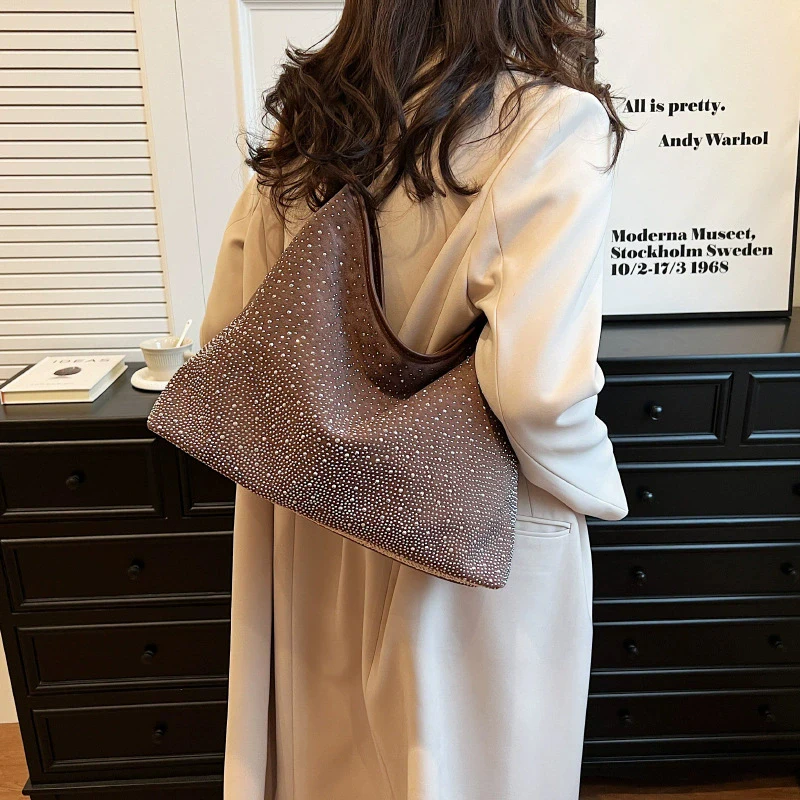 New Fashion Retro Design Tote Bag Shiny Rhinestone Shoulder Handbag Women Elegant Casual Large Capacity Underarm Purse