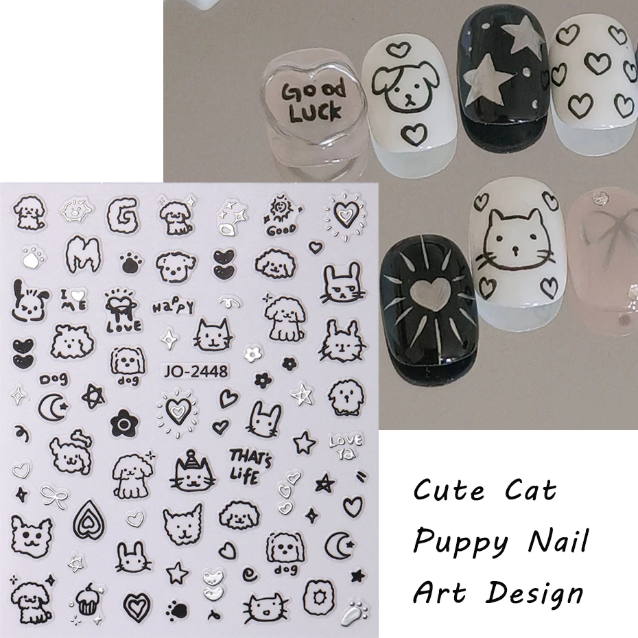 2Pcs Cartoon Cute Cat Nail Childlike Stickers Holographic Love Heart Bronzing Star Sliders Silver Chrome Nail Art Manicure Decor 3
