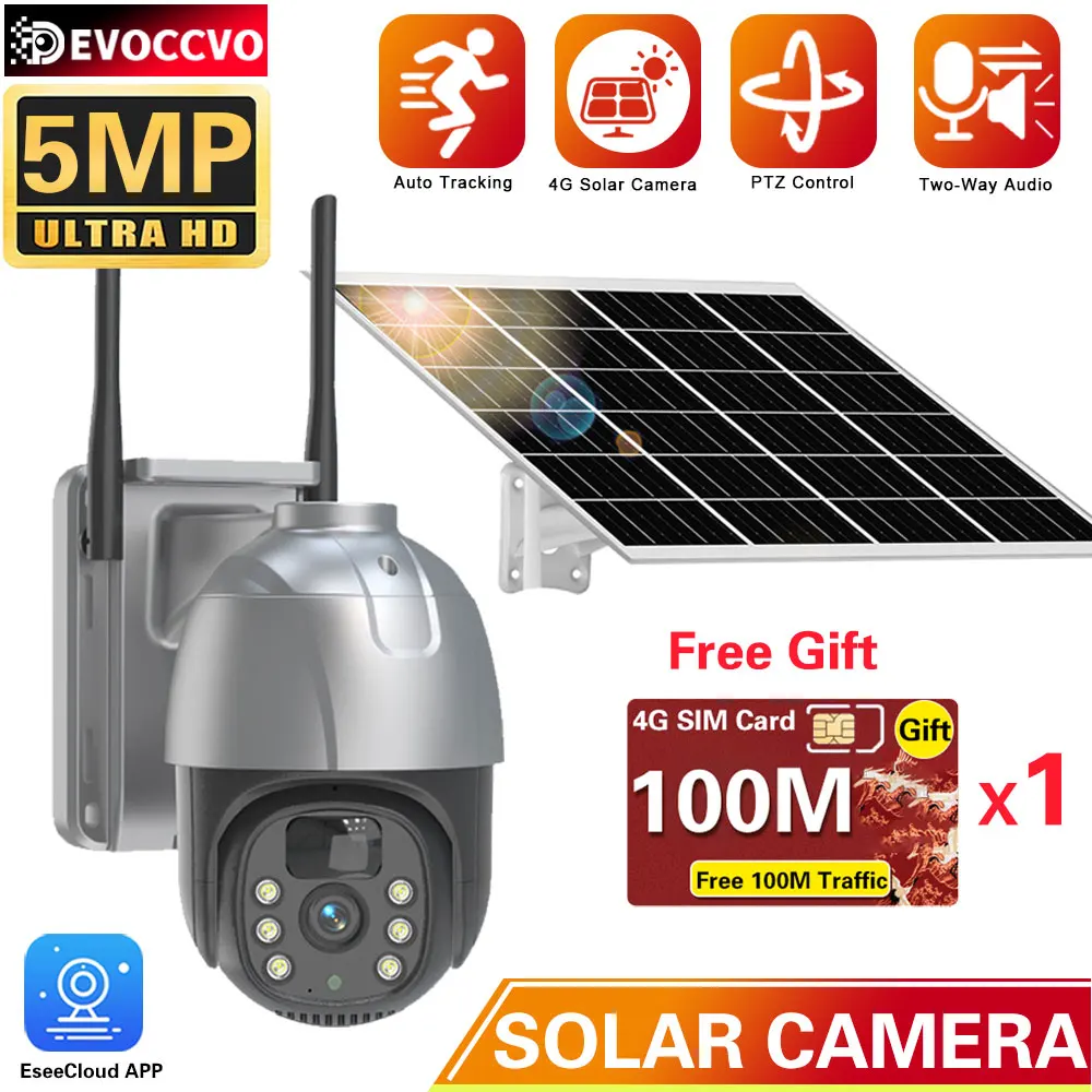 

4G Sim Card Wireless Network Security Monitor Solar PTZ Camera 5MP HD Rechargeable Battery Powered IP Camera 4G LTE Home Camera