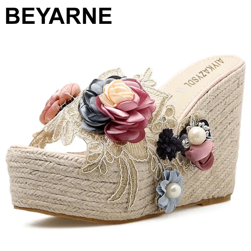 

Women Elegant Wedges Sandals Shoes Summer Pumps String Bead Sip-On PU 11.5CM Wedges Heel Fashion Dress Women Shoes Black