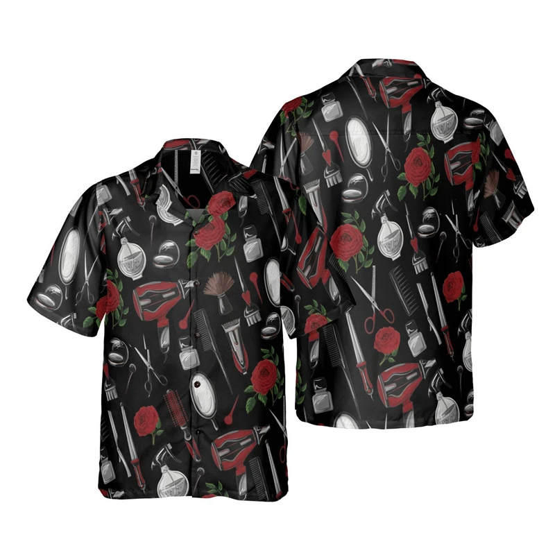 Cool Barber 3d Print Short Sleeve Shirts For Men Clothes Harajuku Fashion Profession Work Tools Uniform Blouses Button Boy Tops