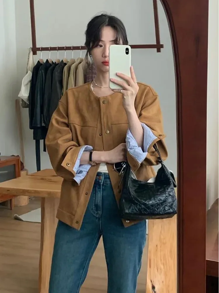 여성용 시크한 스웨이드 짧은 재킷, 한국 카멜 패션, 긴 소매 비행 하라주쿠 싱글 브레스티드 루즈 탑, 여성 빈티지 코트