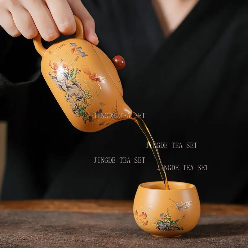 A set of purple clay teapot two cups of Xi Shi tea pot tea cup Chinese hand-painted portable Kung Fu tea set