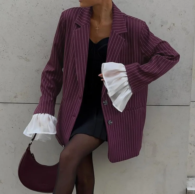 Lace Striped Suit Outwear For Women Patchwork Long Sleeve Lapel Fashion Commute Pocket Coat Ruffled Female Loose Blazer
