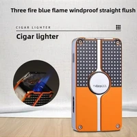 Windproof Metal Lighter, Three Flame Blue Flame Direct Jet Butane Flashlight Portable Cigar Punch Texture Small Gift 2