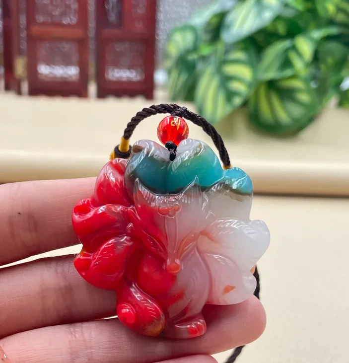 Red Jade Nine Tailed Fox Pendant Fashion Chinese Jadeite Amulet