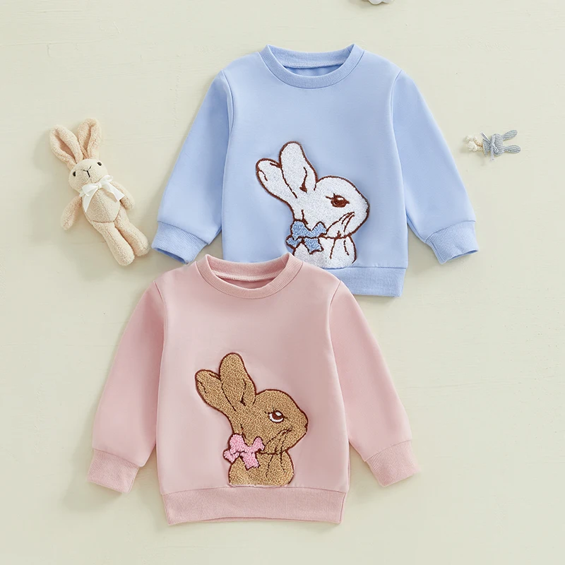Toddler Baby Boys Girls Easter Sweatshirt Bunny Embroidery Round Neck Long Sleeve Tops Cute Clothes