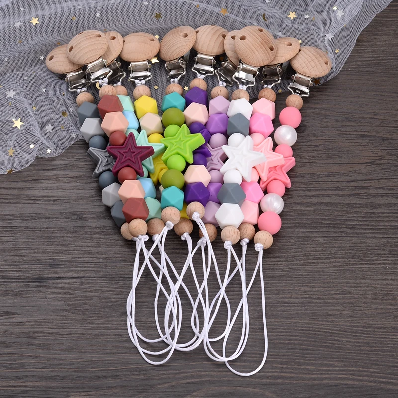 

Baby Pacifier Chain Round Wooden Dummy Holder Clip Silicone Chew Teether Teething Chain For Baby Anti-Dorp Nipple Chain Care Toy