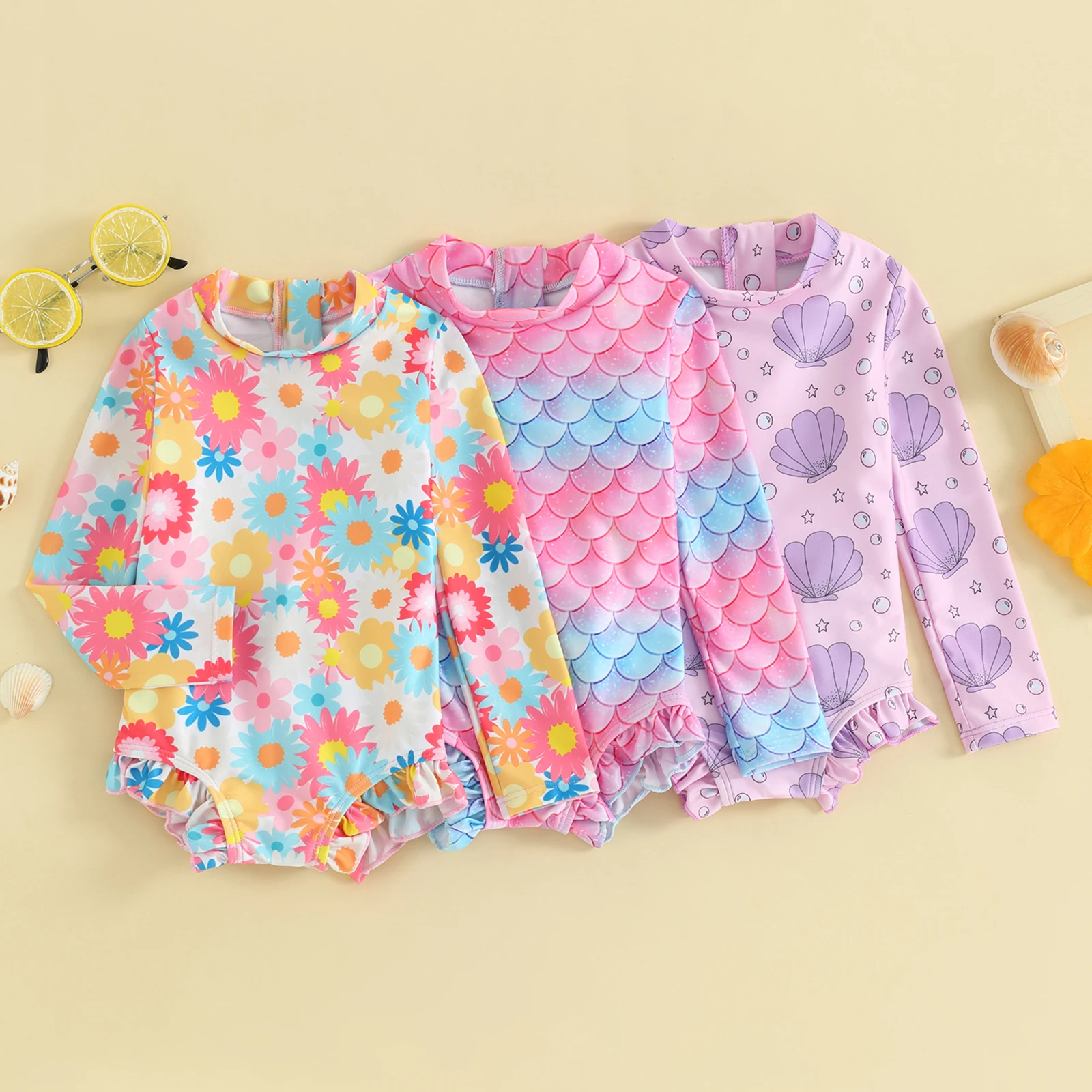 Casual Infant Baby Girls Rash Guard Long Sleeve Bathing Suits Print Ruffled Swimsuits Zipper Swimwear Children Beachwear 1