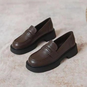Women Black/Reddish Brown Platform Loafers Round Toe Chunky Sole Slip On Penny Loafers Comfortable Casual Office Shoes 1
