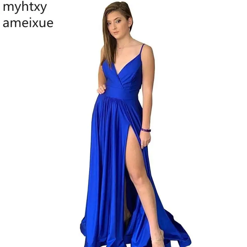 

Blue Plus Size Evening Gown Dresses For Women Spaghetti Straps Prom Party Gowns Deep V-Neck Sleeveless A-Line Robe De Soiree