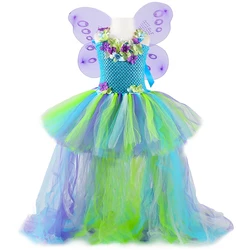 Flower Girl Tutu Dress Children Birthday Party Wedding Princess Dress Kids Ankle Length Rainbow with Wings Girls Ball Gown Dress