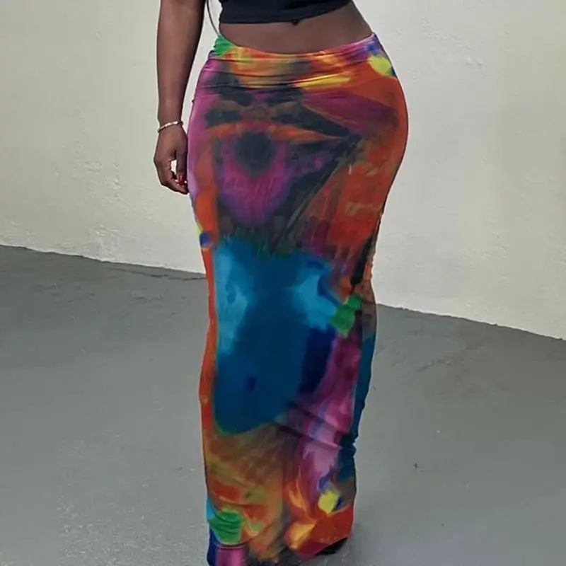 

Women's Clothing Printing Skirt Tied Dye Print High Waist Skirt Autumn Floor Length Dress Slim Fit Gradient Fashion