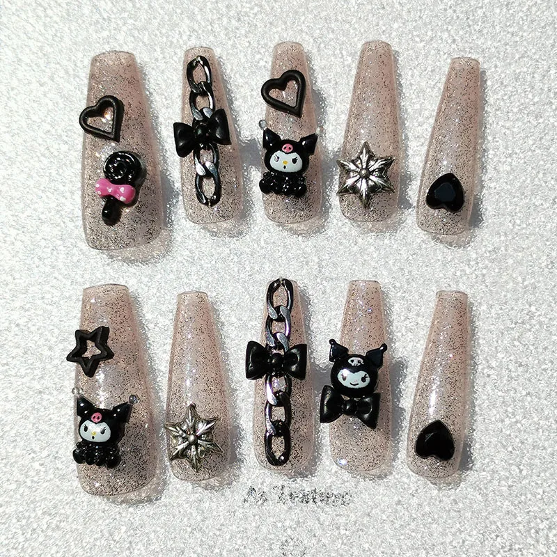 Sanrio Kuromi-Seamless removível unhas postiças, Black Heart Coffin, roxo  Bow Nail Art com design por manicure profissional - AliExpress