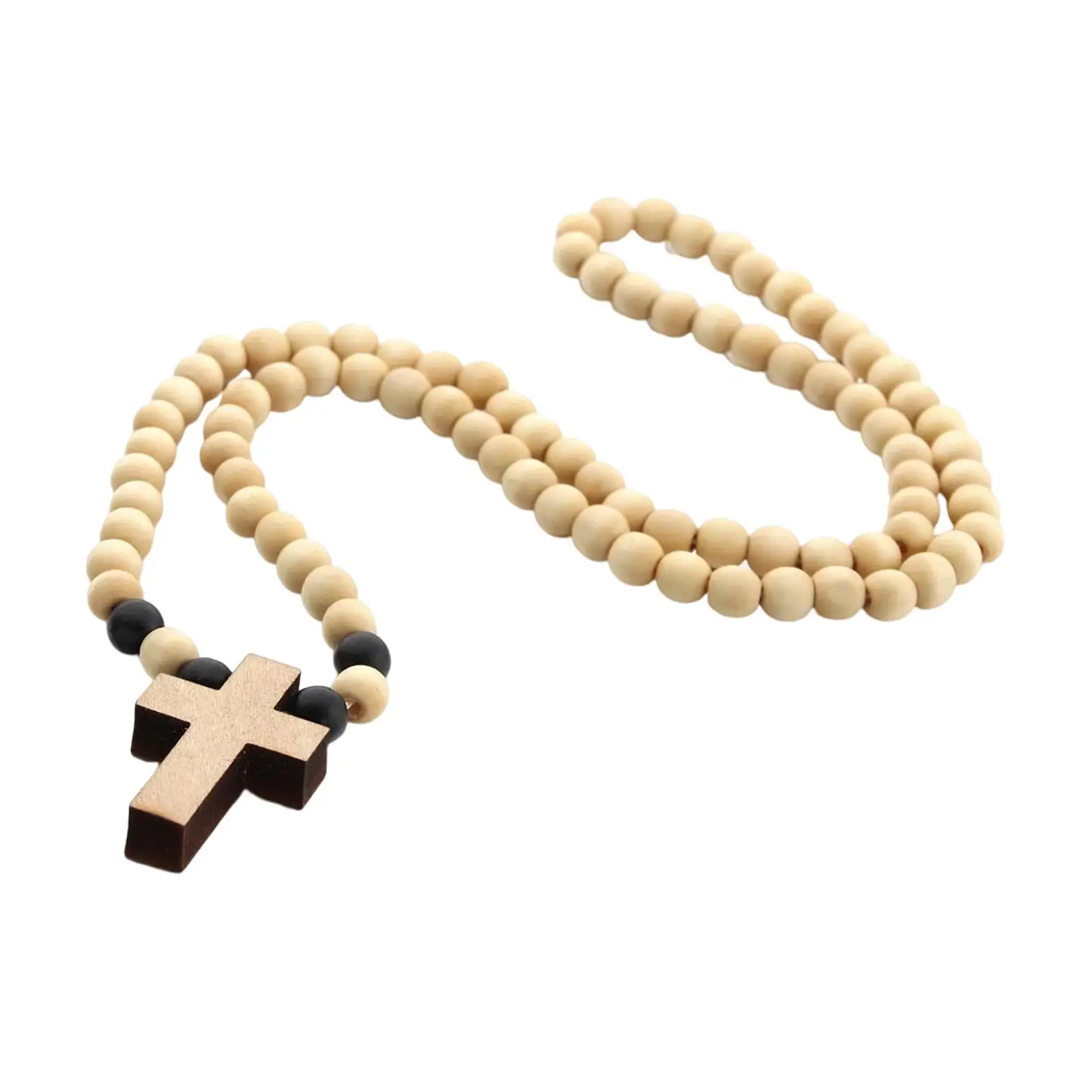 Wood Cross Pendant Necklace Chunky Beaded Chain Rosary Style Accessory for Men Women Church Events