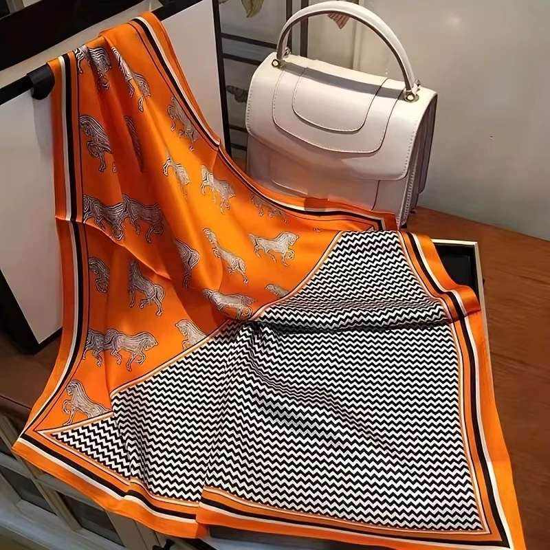 Luxury Orange Striped Horse Square Scarf Women's Natural Soft Satin Scarf Casual Versatile Decoration Small Neck Scarf 3