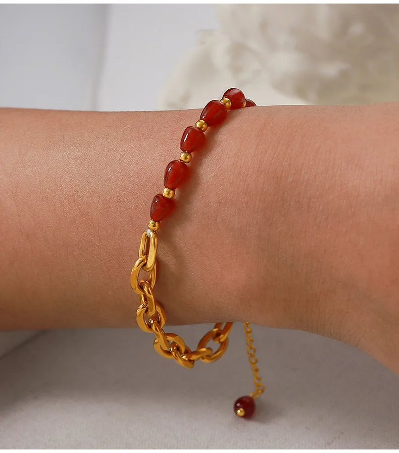 316l Edelstahl vergoldete Kette rote Achat Perlenkette Armband Luxus Schmuck Set Damen Vintage Accessoires – Detail 6