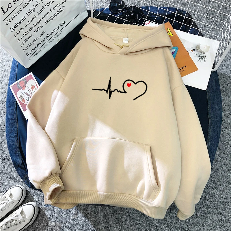 cute sweatshirts Harajuku Casual Women Hooded Hoodies Heartbeat Printed Sweatshirt Oversized Long Sleeve Korean Style Pullover Loose Streetwear matching hoodies