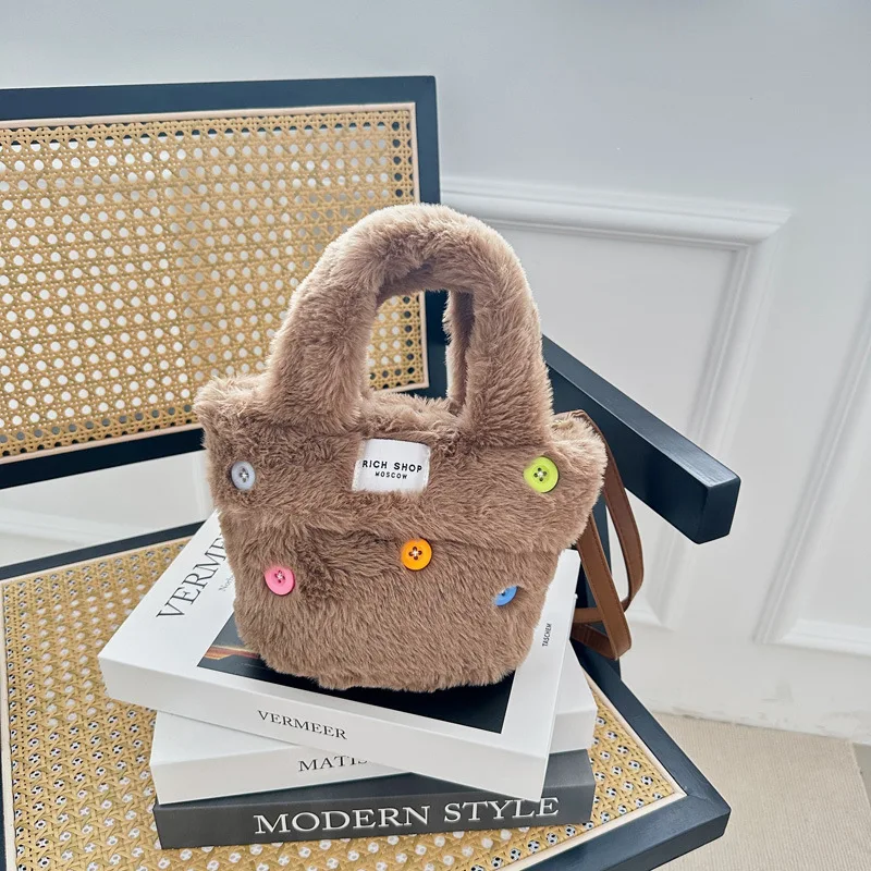 Fluffy Button Plush Tote Bag Cute Button Plush Crossbody Bag Winter Small Classic Bag For Women маленька класична сумочка жіноча