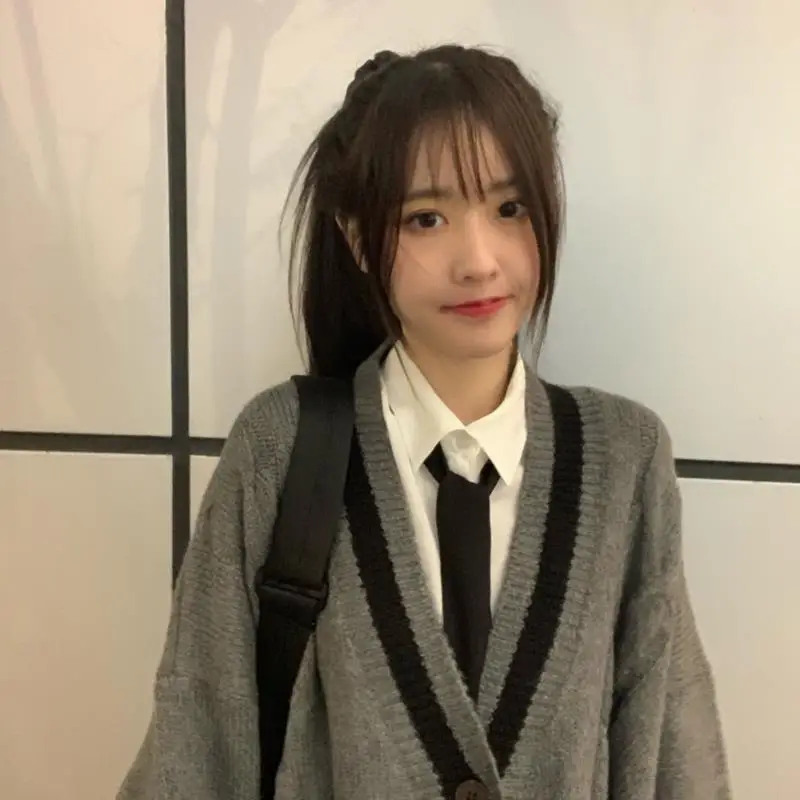 Cárdigan de punto a rayas gris Deeptown para mujer estilo coreano Haruku Ovsize Jump Preppy moda femenina Tops_voghion.com