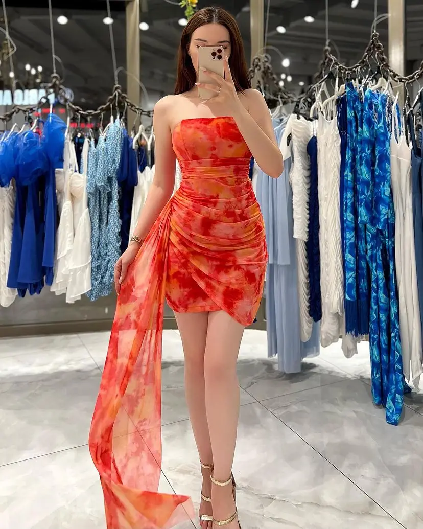 

Sapmae Strapless Orange Sheath Short Zipper Up Sexy Fuchsia Elegant For Women Cocktail Prom Evenning Formal Party Dress