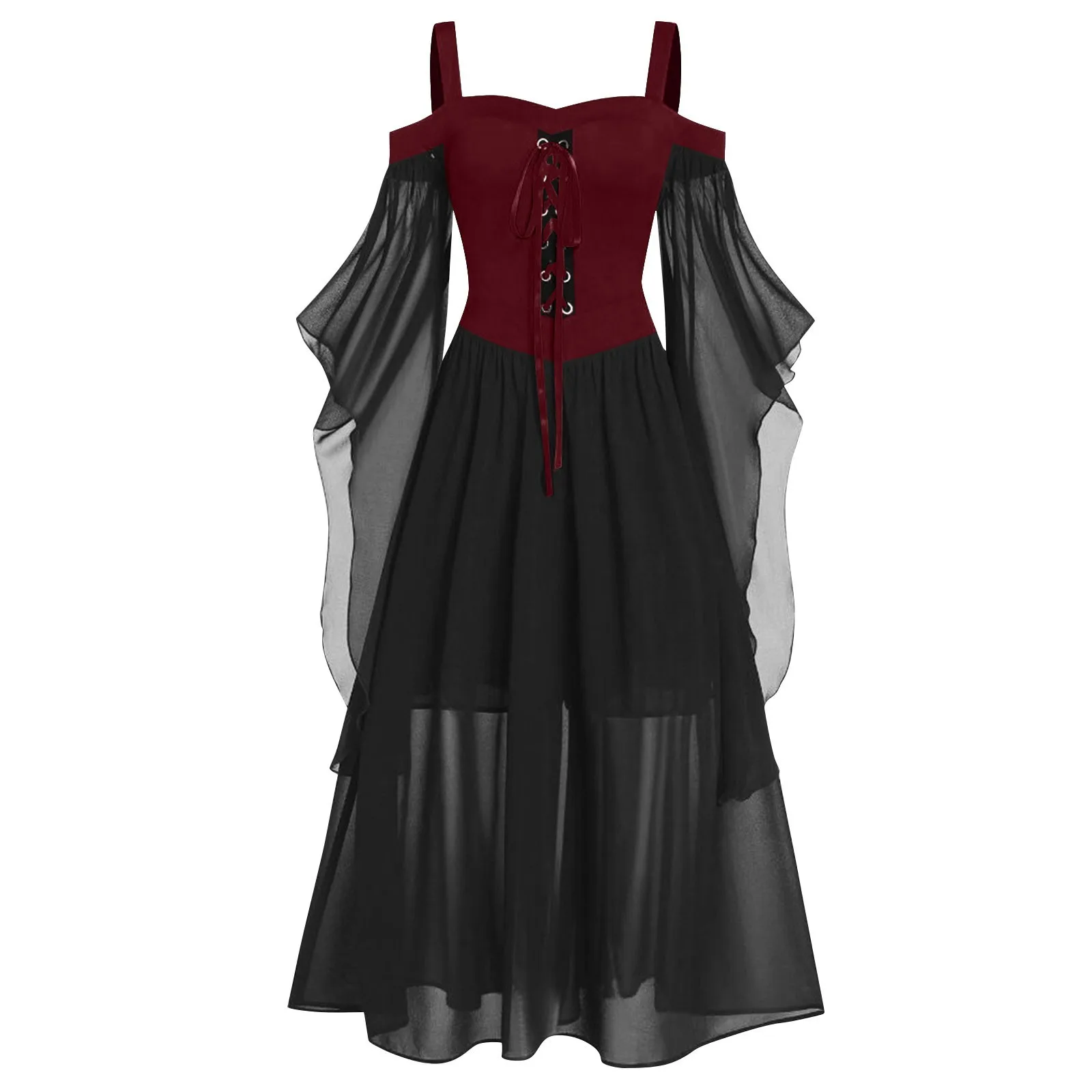 

2023 New Medieval Witch Dress For Women Halloween Carnival Women Plus Size Cold Shoulder Butterfly Sleeve Halloween Gothic Dress