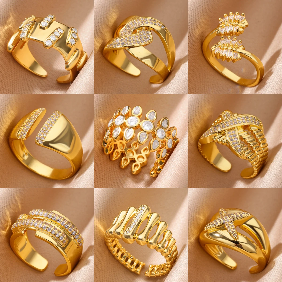 Zircon Cristal Geometric Rings For Women Stainless Steel Gold Color Adjustable Finger Ring Trendy Wedding Luxury Jewerly Gift 1