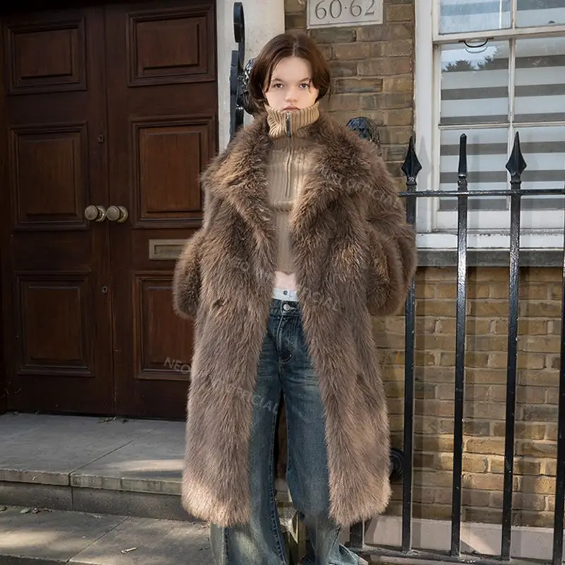 Luxury Brand Belted Long Fluffy Faux Fur Coat Women Winter Thicken Warm Lapel Fox Fur Collar Furry Jacket Overcoat
