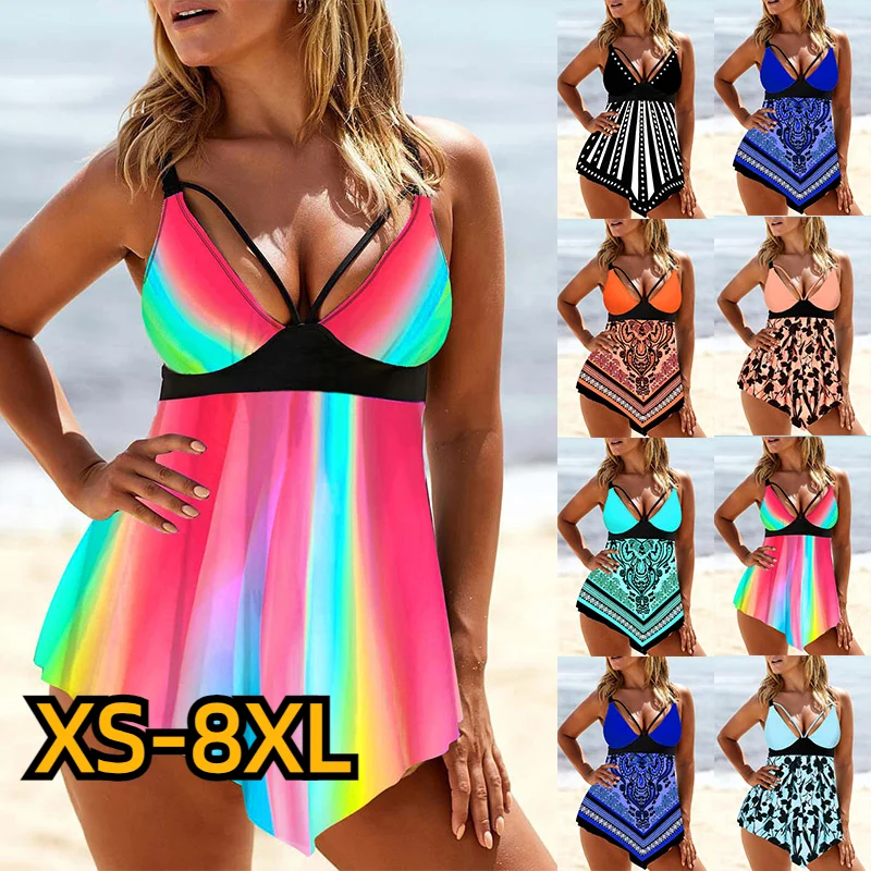 

2023 Women High Waist Tankini Summer New Design Printing Swimwear Swimsuit Bikini Bathing Suit Two Piece Set Beach Weart XS-8XL