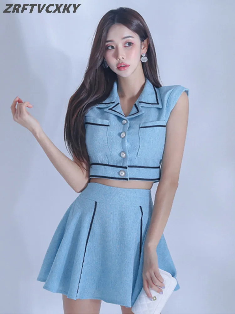 

New Fashion Summer Women's Two Piece Sets High Waist Mini Skirt Suit Casual Elegant Female Sleeveless Crop Top Skirts Outfits