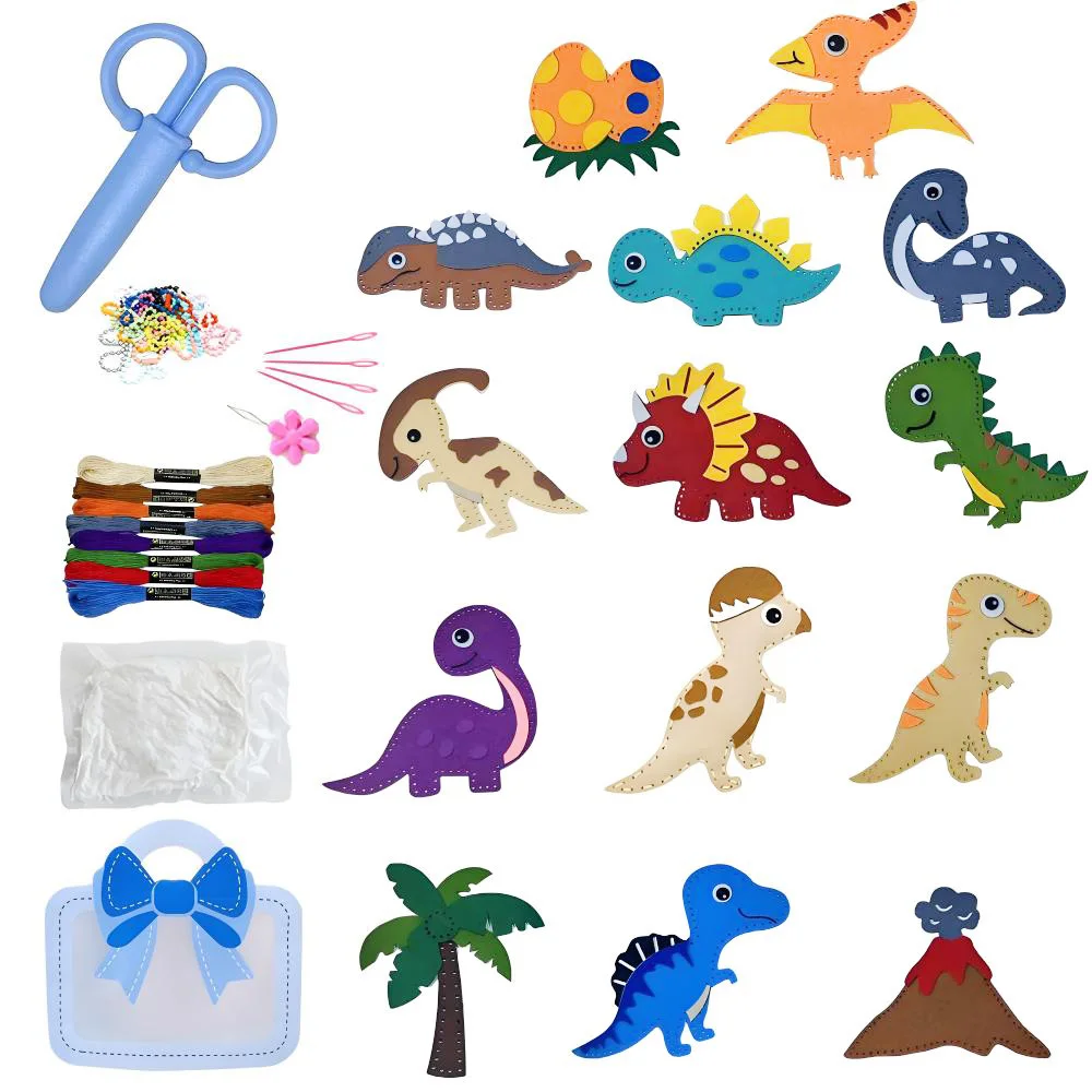 14Pcs Beginners Kids Dinosaur Sewing Felt Kit Animals DIY Craft Kit Forest Creatures Sewing Felt Plush Educational Set