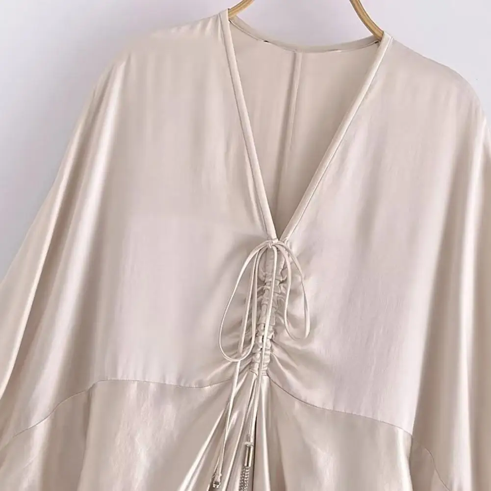 

Style Gown Elegant Silky Satin V Neck Pleated Midi Dress for Women Irregular Baggy Bat Sleeves for Prom Party Summer Events