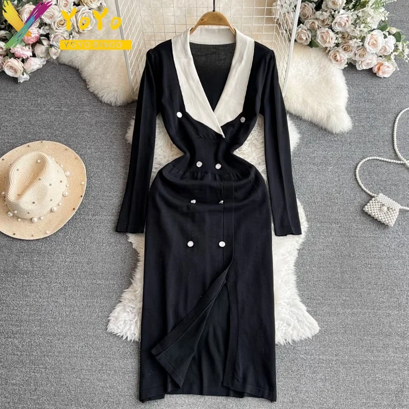 

Трикотажное платье-карандаш с длинным рукавом и разрезом спереди, осень/зима 2023