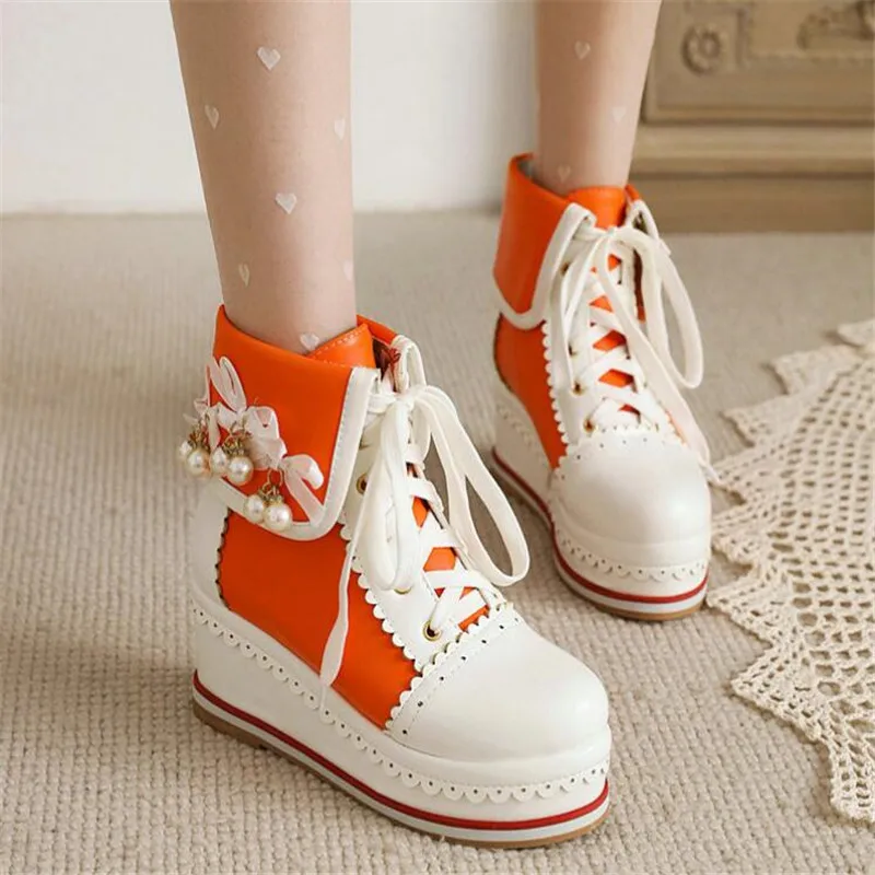 Girls Platform Ankle Boots Lolita Cosplay Party Shoes Super cool Women Wedge Boots Platforms Lace Up Candy Color Thick Sole Shoe sliver gold fashion crystal flower lolita style bling sequins child ankle boots low heels party wedding girl shoes 2023