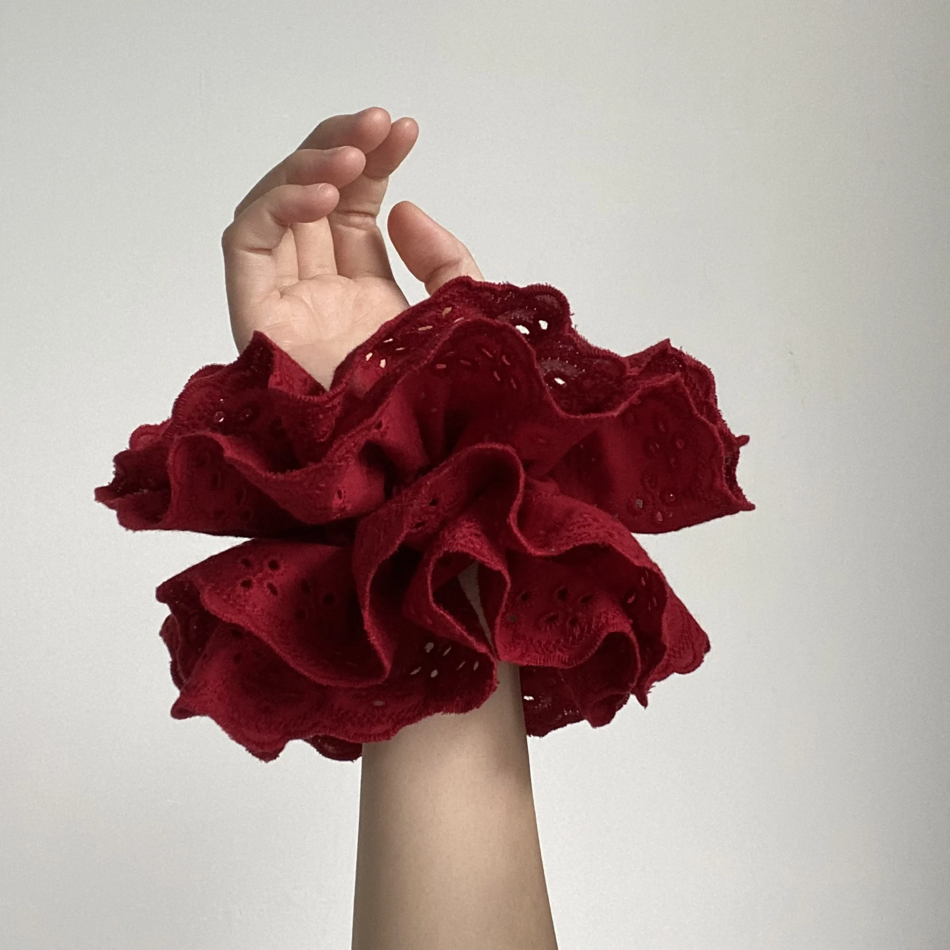 1PC Large Red Lace Hair Scrunchie, Elegant Ruffled Hair Tie with Hollow - Out Design, Romantic Hair Accessory for Women