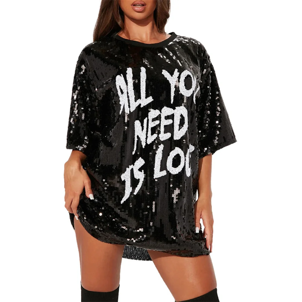 

Women Mini Dress Fashion Round Neck Half-sleeve Loose Dresses Female Party Sequins Letters Summer Dress Clubwear