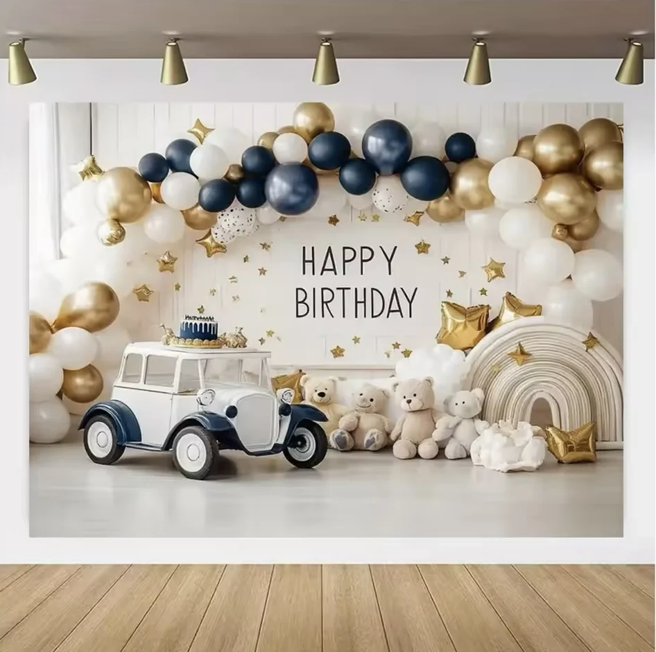 Colorful Balloon Teddy Bear Birthday Party Banner and Baby Shower Photography Backdrop