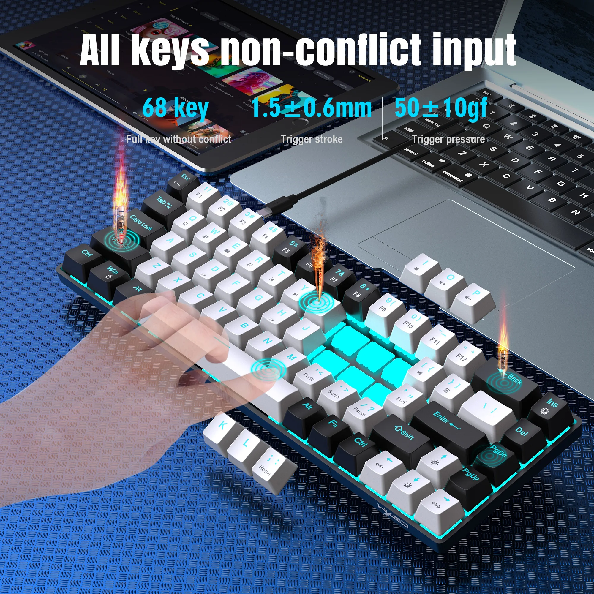 Teclado Mecânico para Jogos Led Retroiluminado Interruptor Azul Ergonômico Rgb Quente Troca Jogos pc Laptop Escritório 68 Chaves - Imagem 2